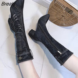 Women Chunky Denim Mid-Calf Boots Block High Heels Boots Winter Fashion Cowboy Western Boots thick heels