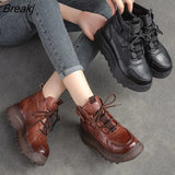 Genuine Leather Shoes Women Boots Lace-up Short Bare Boot Round Toe 2022 New Leisure Sewing Handmade Platform