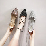 Women Luxury Rhinestone Ballet Flats Cross-Tied Lace Up Flat Shoes Woman Crystal D'orsay Wedding Shoes Glitter Sliver