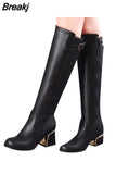 Women white leather Knee Bare Boots Square High Heel Casual Long Tube Booties Lady Sexy Over Knee Thigh High Boots lady winter