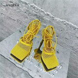Summer New Sexy Yellow Mesh Pumps Sandals Female Square Toe High Heel Lace Up Cross-tied Stiletto Hollow Dress