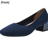 Solid Color Single Shoes Women Low-Heeled Square Toe Shoes Spring Autumn Knitting Shoes Plus Size