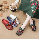 Summer New Flat Bottom Low Heel Women's Shoes National Wind Leather Flower Slippers Hollow Breathable Comfortable Hole Hole