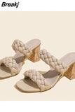 Heeled Women's Sandals 2023 New Fashion Brand Woven All-match Niche Slipper Sandals European Style Casual Comfort
