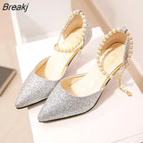 Pointed toe Pearl High heels shoes Female Fashion hollow with Sandals Paillette of the Thin Breathable shoes Women