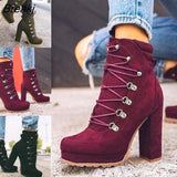 Women Flock Rivet Ankle Boots Female Square High Heels Autumn Fashion Sexy Lace-Up Shoes Ladies Retro Footwear Plus Size