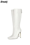 Toe Women's High Boots Sexy Metal Thin Heels Shoes Rose Red Shiny Leather Back Zipper Women's Winter High Boots