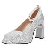 New Sequin Gold Pumps Women Party Wedding Blingbling Glitter High Heels Shoes Ladies Thick Heels Pearls Strap Banquet