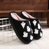 Bat Embroidered Cotton Slippers Ghost Indoor Home Shoes for Women Plus Size Warm Plush Slippers Soft Flat Shoes