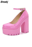 Pumps Round Toe Chunky Block Heel Ankle Strap With Heart 2023 Spring Brand New High Heels Mary Janes Women