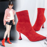 Women Ankle Boots Pointed Toe High Heel Stiletto Soft Suede Slip-on Boot Purple Black Red Cozy Botas Flock Booties