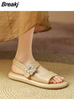 Buckle Thick Sole Sandals for Women Summer New Fashion Casual Rhinestone Roman Shoes Pu Leather Flat Sandalias De