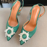 2023 Brand Women Pumps Sandals Fashion Pointed Toe Crystal Buckle Comfortable Slingback High Heels Summer Wedding