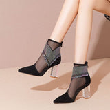 Fashion Boots Women 2023 New Tassel Rhinestone Ladies Pointed Toe Chunky Heels Dress Party Women Mesh Sandals