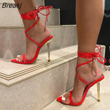 12CM Gladiator Heels Sandals For Women Fashion Pointed Open Toe Lace-Up Stiletto Ladies Strappy Wedding Shoes Black