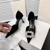 Toe Women Pumps 2023 New Arrivals Crystal Buckle Slip On Thin High Heels Black White Pink Dress Shoes Woman Size