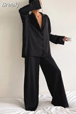 Low Cut Fashion Pajamas Set for Women Loose Casual Long Sleeve Trouser Suits Solid Satin Silk Female Home Fitted Tops