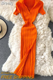 Sexy V-neck Short-sleeved Knit Bodycon Dress Women Casual Summer Slim Elastic High Split Mid-calf Ribbed Long Dress