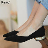 Female Pearls Heels Single Shoes Spring Suede Leather Women Ladies Office Pumps Pointed Toe V Mouth Slip On Work