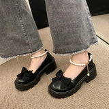 mary jane Shoes heels Fashion Round Head Band Heel Shoes Bow Pearl Square Heel Low-top Pumps Women Shoes Tacones