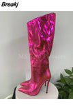 Women's High Boots Gold Silver Pointed Toe Knee-high Boots For Woman Sexy High Heels Party Shoes Ladies Stiletto