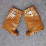 Lock Buckle Women's Mid Calf Boots Punk Style Round Toe High Heel Western Boots Luxury Designer Wedges Women's Short