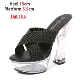 Light Up Transparent High Heels 15CM Square Heel Summer Sandals Women's Platform Luminous Shoes Club Fashion Weave