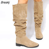 High Quality Pleated Boots Women Black Nude Faux Suede Flock Knee High Boots Ladies Flat Autumn Winter Dress