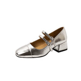 Silver Mary Jane Shoes 2024 Spring And Autumn Thick Heels With One Word Buckle Shallow Mouth Heel Single