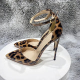 Ankle Strap Women Leopard Pointy Toe High Heel Shoes Summer Sexy Ladies Fashion Party Dress Stiletto Pumps 120 100