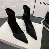 Socks Heels Winter Shoes For Women Boots-Women Stockings 2024 Autumn Rubber Pointy High Heel Ankle Ladies Lace-Up