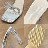Crystal Bowknot High-Heeled Sandals Women 2023 Summer Silver Transparent Pvc Sandals Woman Slip On Party Shoes