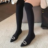 Casual Cozy Stretch Fabric Thigh High Over The Knee Socks Boots Women Flat Heels Fashion Crystal Buckle Pointed Toe