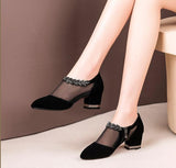 Women High Heel Shoes Fashion Mesh Breathable Pumps Pointed Thick Heels Female Dress Shoes Rhinestone Elegant