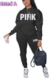 Hoodies Sporty Two Piece Set Women PINK Letter Print Sweatshirt And Skinny Pants Tracksuit Autumn Winter Casual