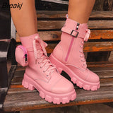 Women's Boots Pocket Lace Up For Women Platform Combat Ankle Boots 2021 Fashion Female Knee High Boot Ladies Chunky Heel