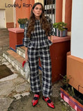 Plaid Print 2 Piece Sets Women Elegant Long Sleeve Ruffled Casual Shirts And Trousers Set High Street Ladies