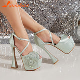 Thin Heels Club Queen Sandals 2023 Summer European Style Sexy Sandals Party Cutout Rhinestone Comfy Platform Lady