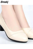 Women Mid Heel Shoes Office Lady Pumps PU Leather Black Basic Square Heeled Spring Autumn Loafers Female Zapatos Tacones