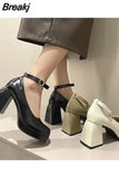 Black Ankle Strap Platform Pumps Women Pu Leather Square Toe Mary Jane Shoes Woman Goth Thick High Heels Shoes