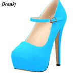 Mary Janes Women Pumps New Platform High Heels Shoes Woman Sexy Round Toe Flock Red Extreme Thin Heel