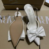 Breakj Home 2025 New White Bow French-Style Dew Behind Triptling Pointed High Heels Fashion Bag Head Sandals