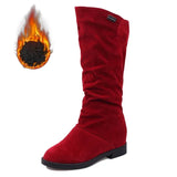 Winter Women Shoes Mid Calf Boots Warm Plush Women's Shoes Retro Slip on Platform Low Heel Knight Long Stretch
