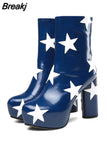 Platform Ankle Boots For Women Luxury Print Star Really Leather High Heels Shoes Woman Round Heels Botines Mujer