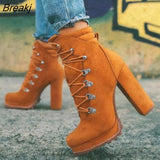 Women Flock Rivet Ankle Boots Female Square High Heels Autumn Fashion Sexy Lace-Up Shoes Ladies Retro Footwear Plus Size