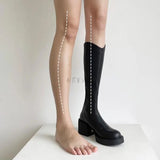 Women's Boots Fashion Square Toe Knee-length Boot Elastic And Comfortable Thick-soled Black Keep Warm Stretch Ladies