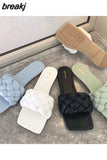 Fashion Weave Slippers Women Square Toe Flat Casual Shoes Women Slide 2023 Summer Flip Flops Beach Sandal Slipper Big