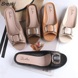 Women Summer Slippers 2023 New Square Buckle Casual Peep Toe Beach Shoes Fashion Flat Chunky Heels Sandalias Zapatillas