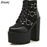 Spring Fashion Motorcycle Boots Women Platform Heels Casual Shoes Lacing Round Toe Shoes Ladies Autumn Boots Black