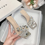 Summer Round Head Open Toe Fashion Transparent Sexy Flower Women's Slippers ，Crystal Heel New High Heel Sandals